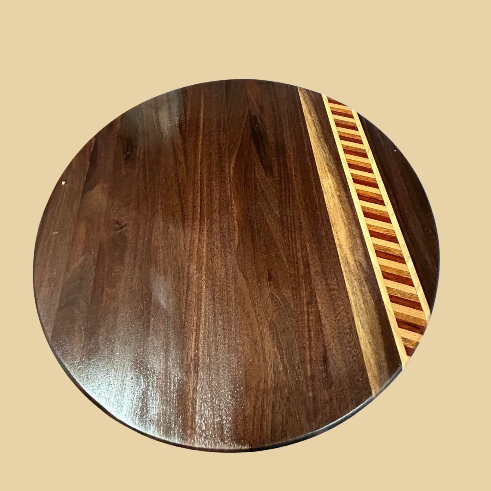 Round Charcuterie Board - Walnut with Multicolor Chevron Accent Strip