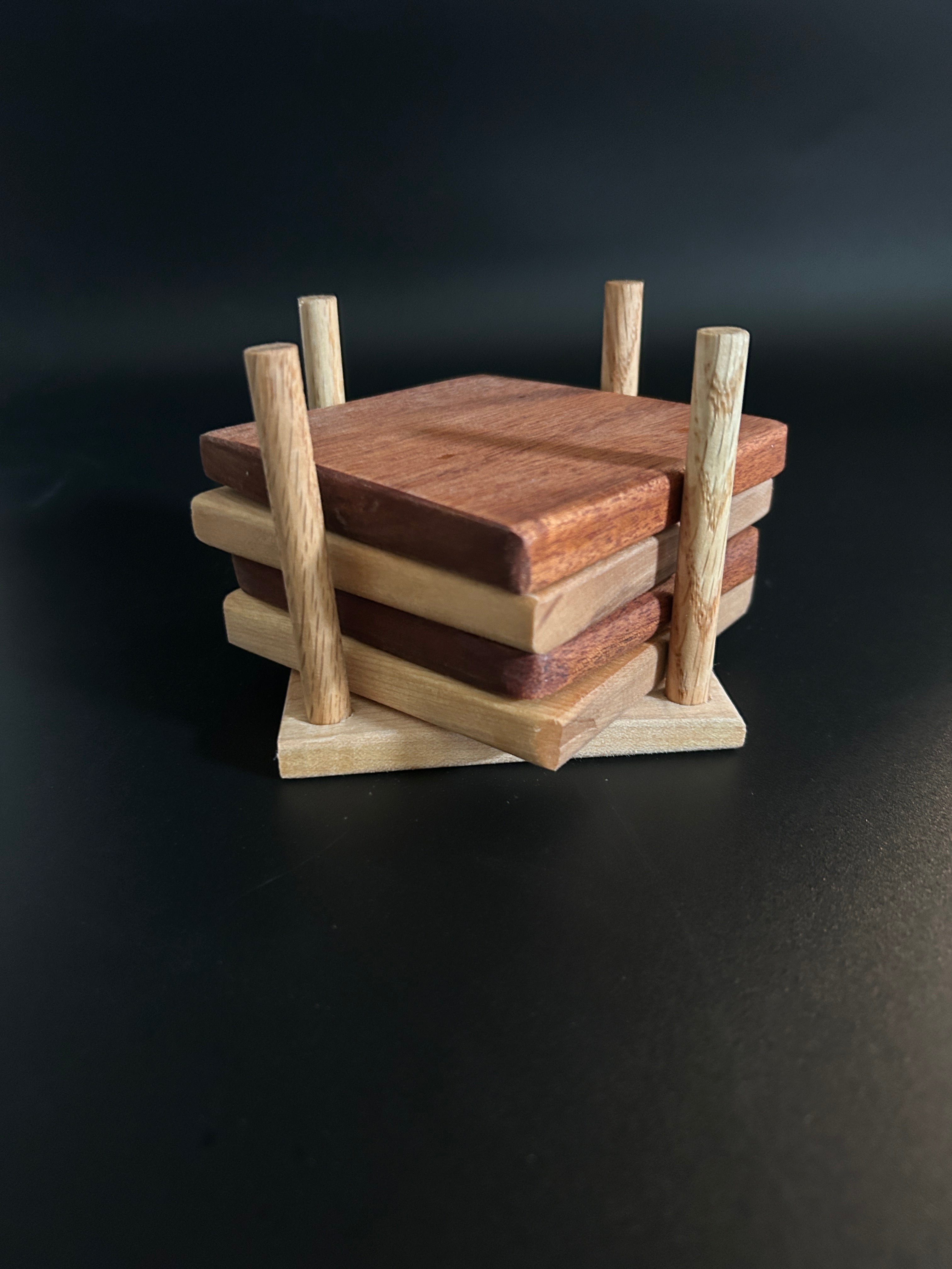 Alternating Walnut & Maple Coaster Set with White Oak Stand (Set of 4)