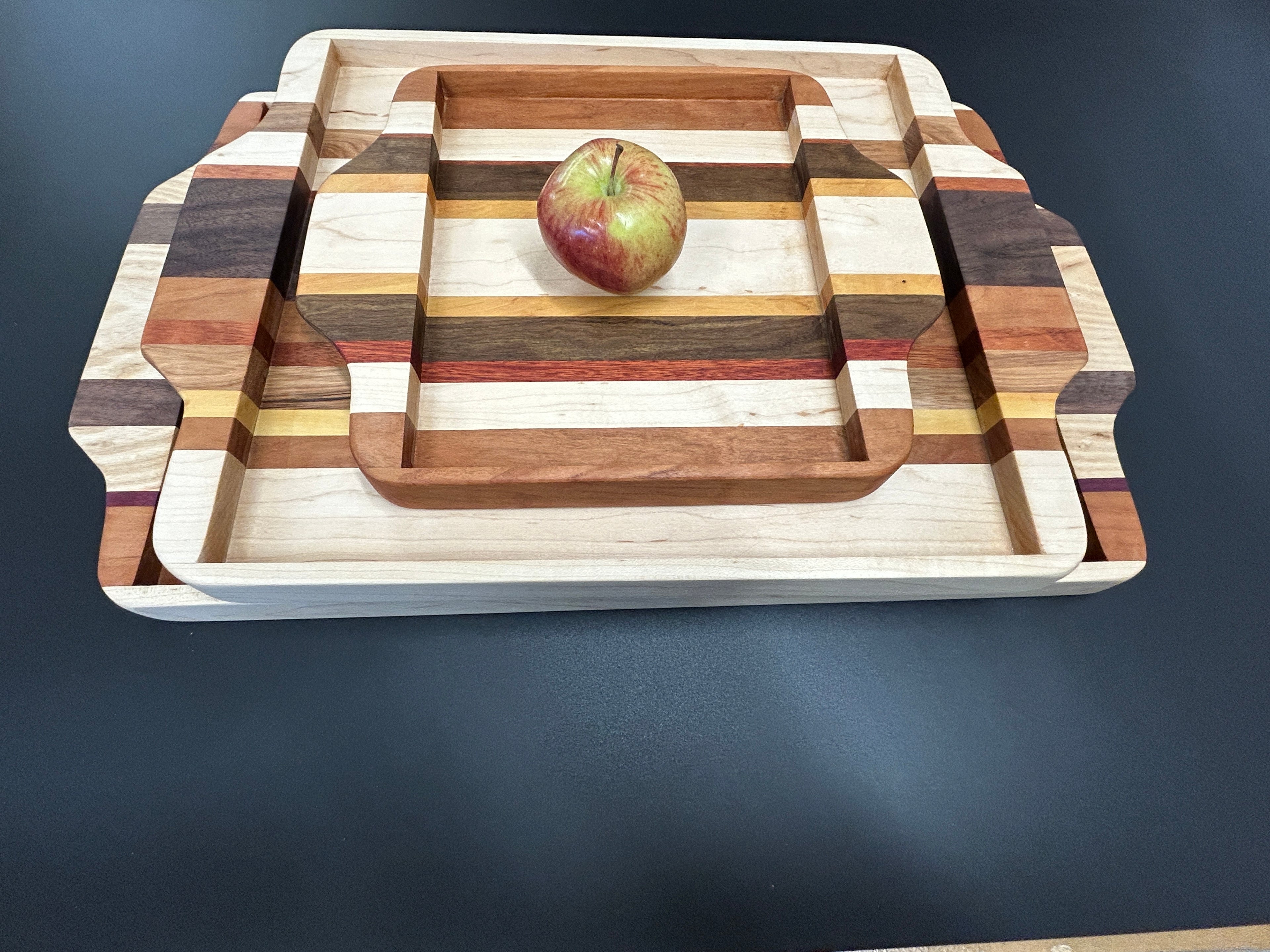 Hardwood Serving Trays - Built-in-Handle Design (Stacked Set)