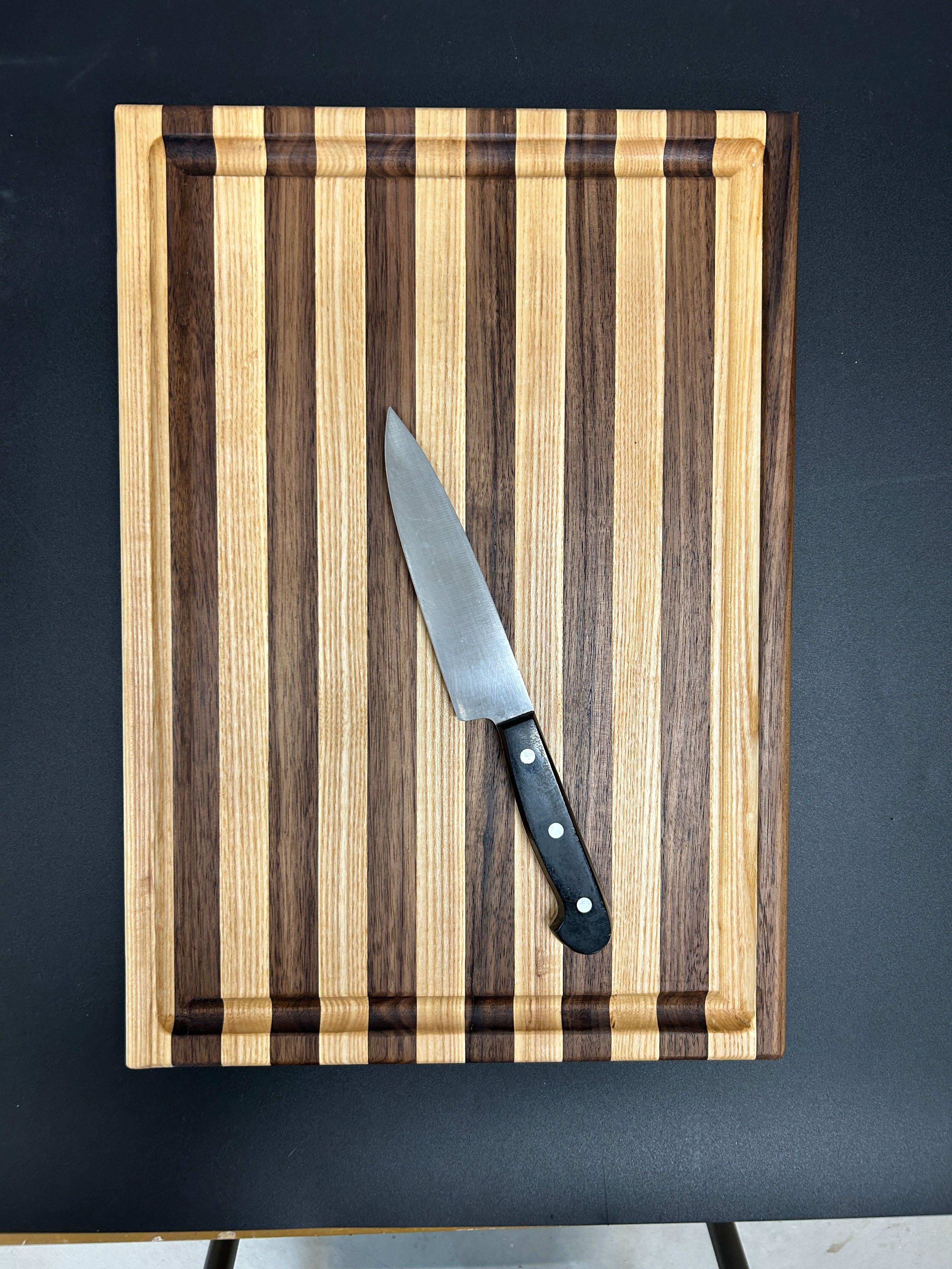 Handcrafted Walnut & Ash Cutting Board – Striped with Juice Groove