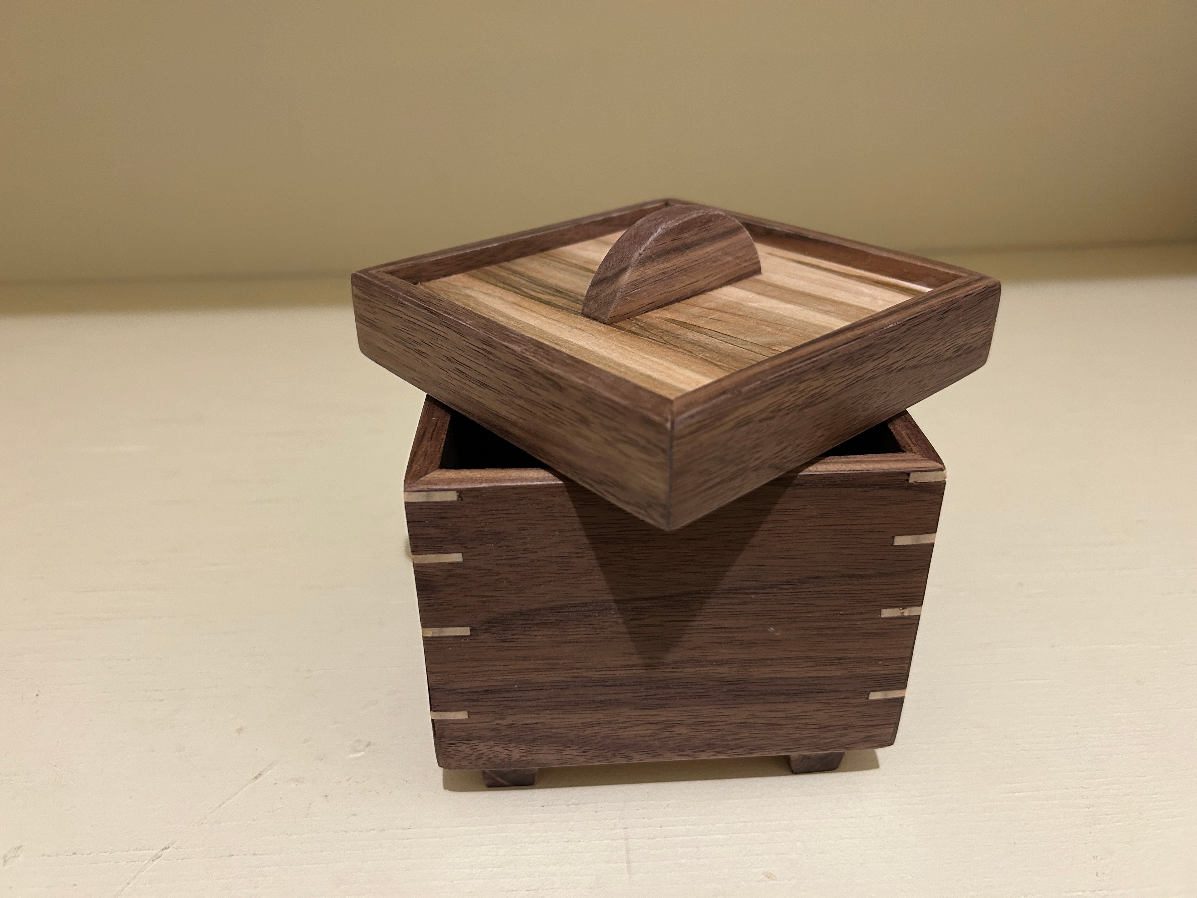 Handcrafted Walnut Keepsake Box – Small Cube with Ambrosia Maple Lid