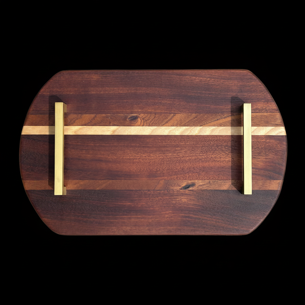 Dark walnut and maple serving tray with gold handles on black background