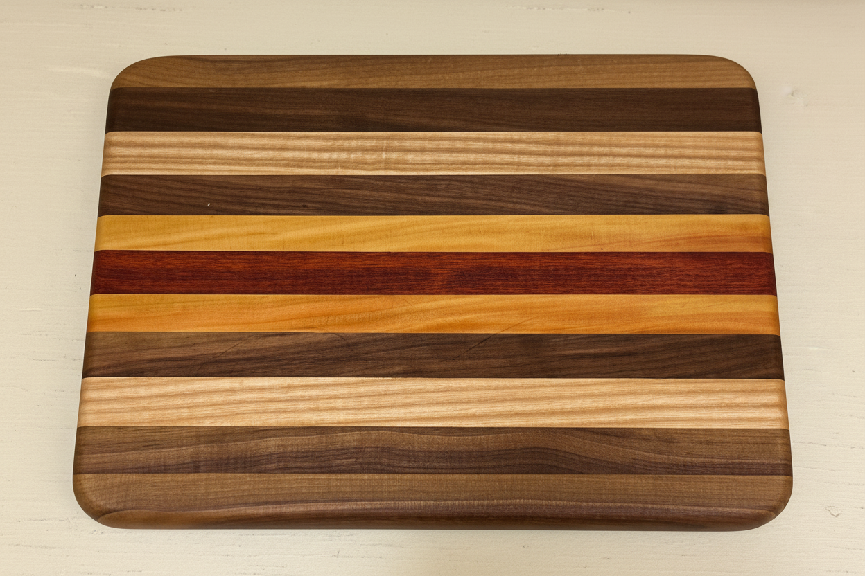 Mixed hardwood cutting board on beige background